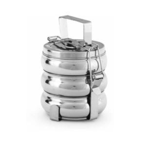 Stainless steel 3 tier vintage belly tiffin on white background