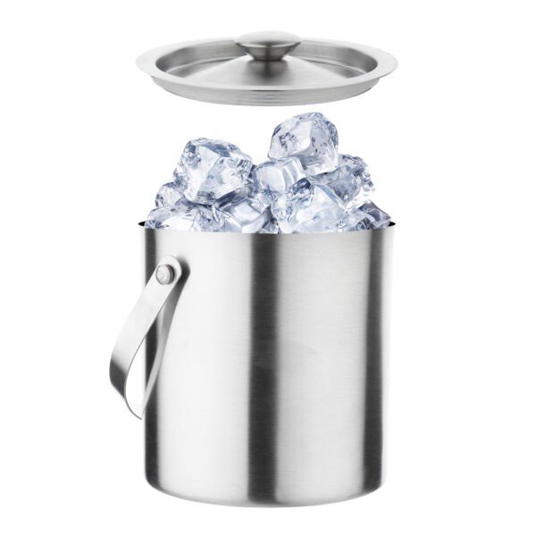 Ice bucket filled with ice on white background
