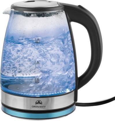 glass kettle filled with boiled water on white background