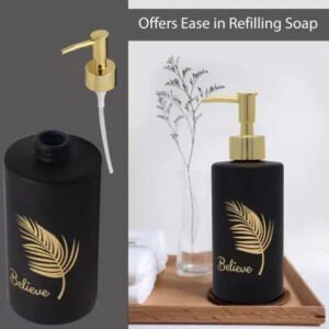 Glass soap dispenser on decorative background