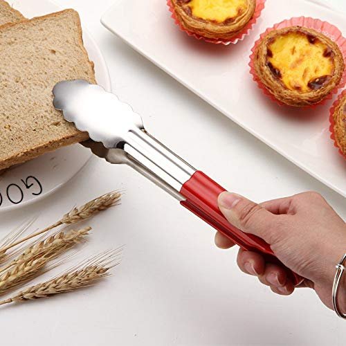Serving toast from red color vinyl coated multi pick tong