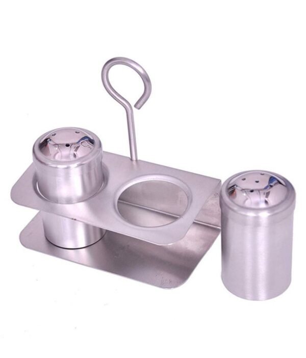 steel salt and pepper shaker with steel stand on white background.
