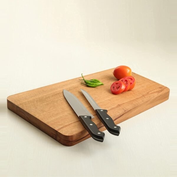 chopping board with knife on white background