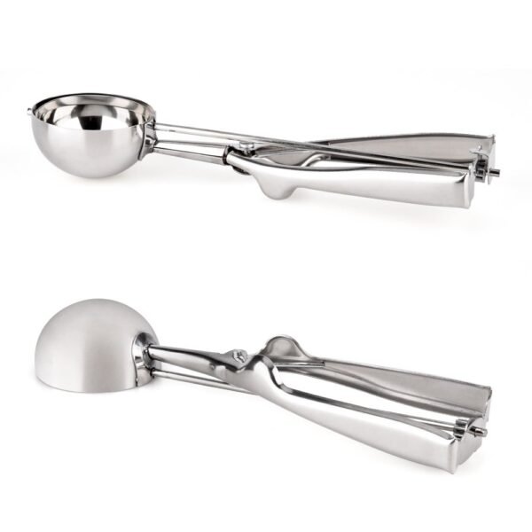 front and back side of stainless steel ice cream servng scoop on white background