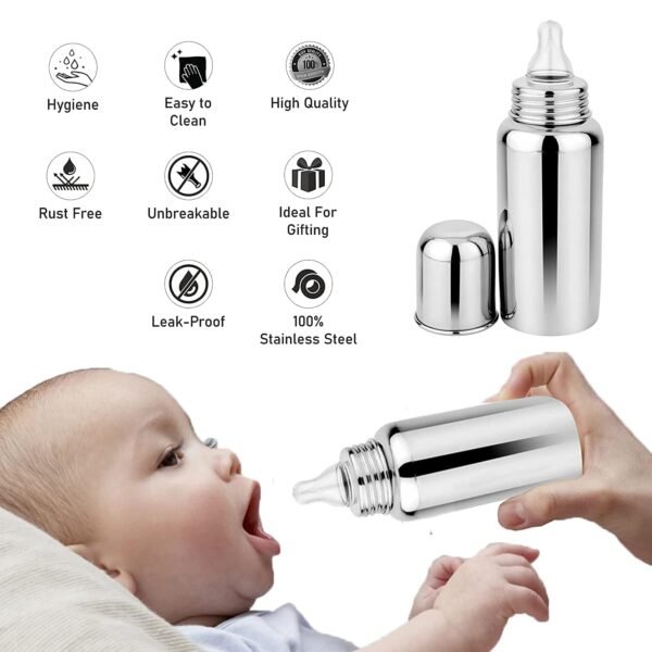 feeding baby by stainless steel feeding bottle