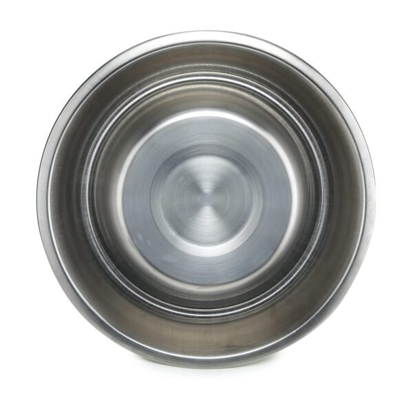 bottom view of stainless steel dog bowl on whitee background