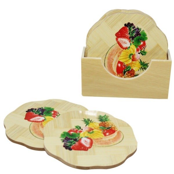 assorted prints on flower shape table coaster with stand on white backgroudn