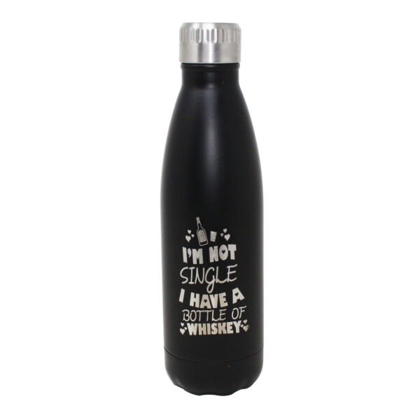 laser printed black colour double wall stainless steel water bottle on white background