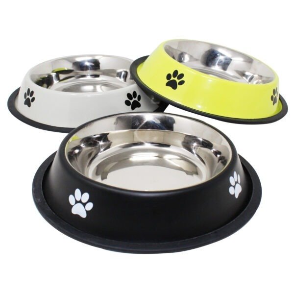 assorted colour stainless steel dog bowl on white background