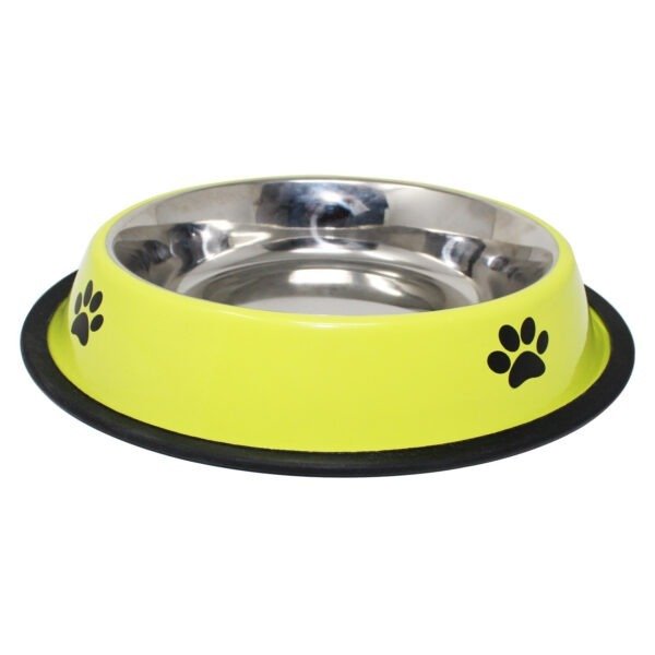 green colour stainless steel anti skid dog bowl on white background