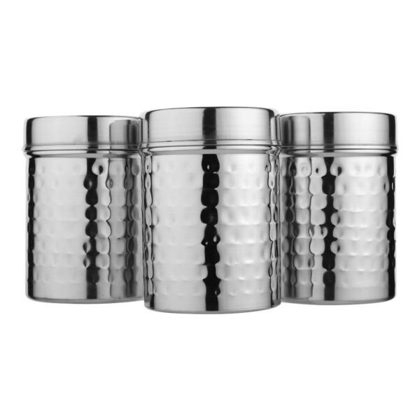 stainless steel hand hammered canister 3 pieces on white background