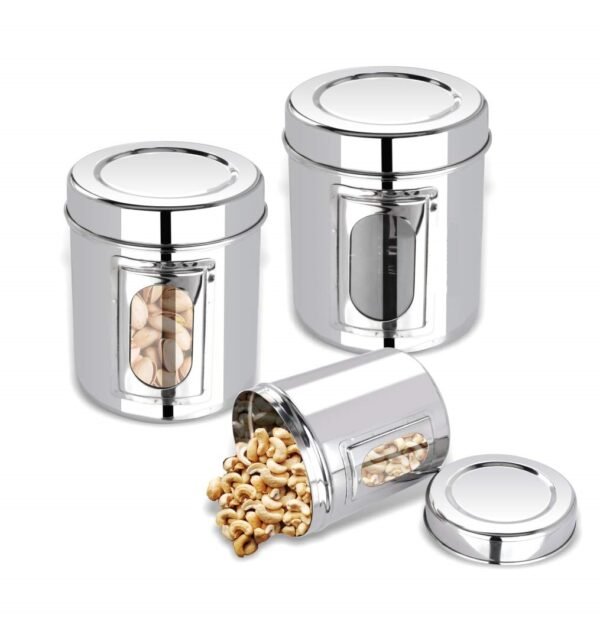 3 pieces of canister with dryfruits in it on white background