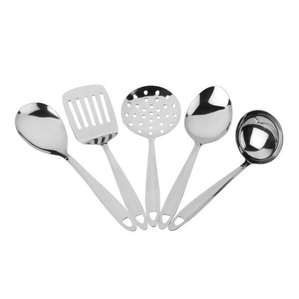 stainless steel serving tool set on white background