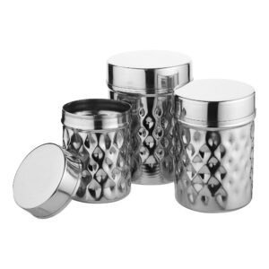 Stainless steel storage canister set 3 pieces on white background