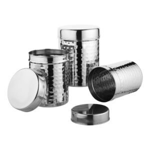 stainless steel hammered canister set on white background