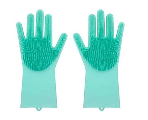 Pair of light blue color silicone gloves on white background