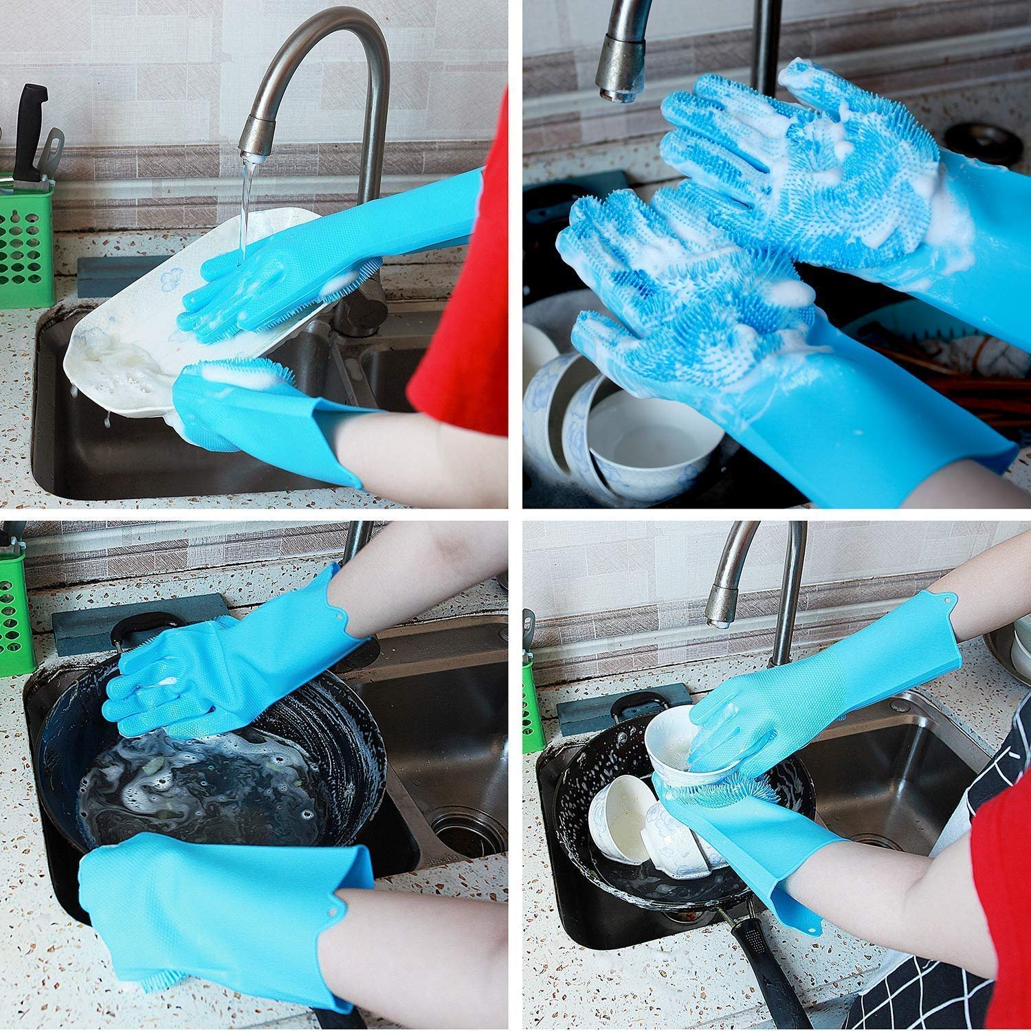 Washing dishes using silicone gloves