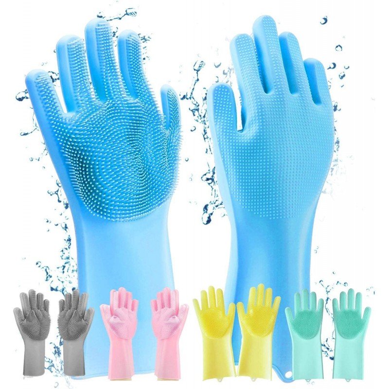 Assorted color silicone gloves with sprinkle of water on white background