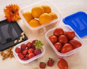 3 Pcs set of plastic storage container set filled with fruits