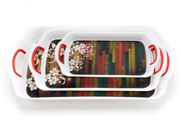 Printed plastic serving tray set on white background