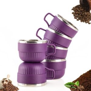 Purple color inner steel outer plastic tea cup 6 pcs set on white background