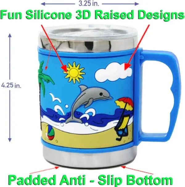 Dimension and features of stainless steel milk mug for kids on white background