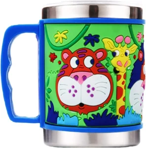 Steel milk mug for kids with silicone soft grip on white background