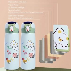 Features of kids temperature sipper on colorful background