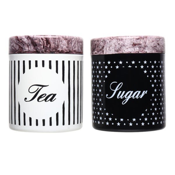 Black and white tea sugar canister set on white background