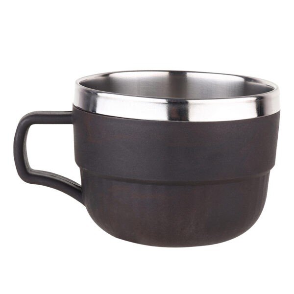 Single piece of inner steel outer plastic tea cup black color on white background