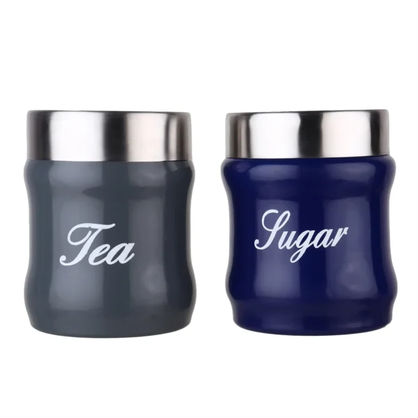 Tea sugar canister grey and blue color coated on white background