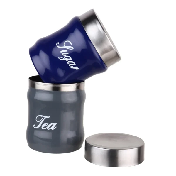Blue and Grey color coated stainless steel tea sugar canister on white background