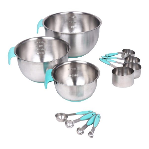 Stainless steel measuring bowl set on white background