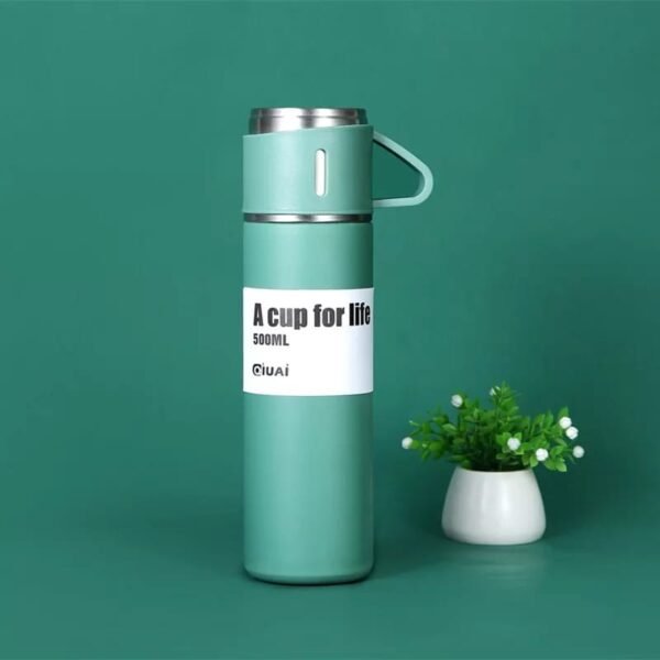 Olive green color double wall vacuum bottle with cup and flower pot