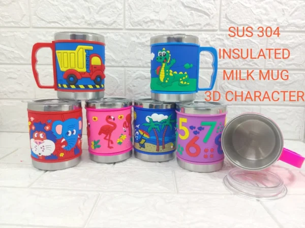 Steel kids milk mug with 3d emboss silicone print showing all available color and designs patterns on white decorative background