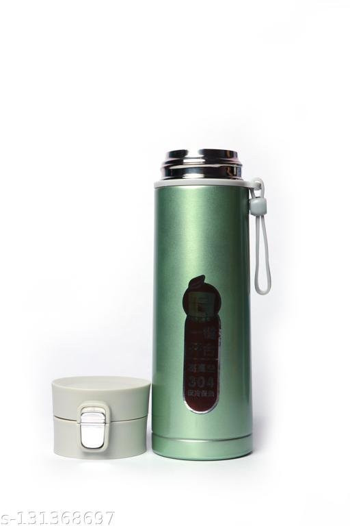 Lime green vacuum flask on white background with lid