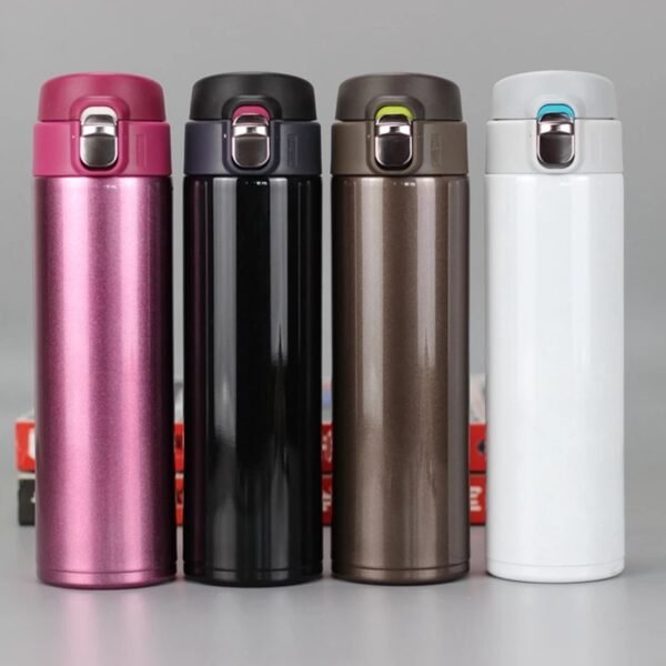 Assorted color double wall vacuum insulated flask on plain background