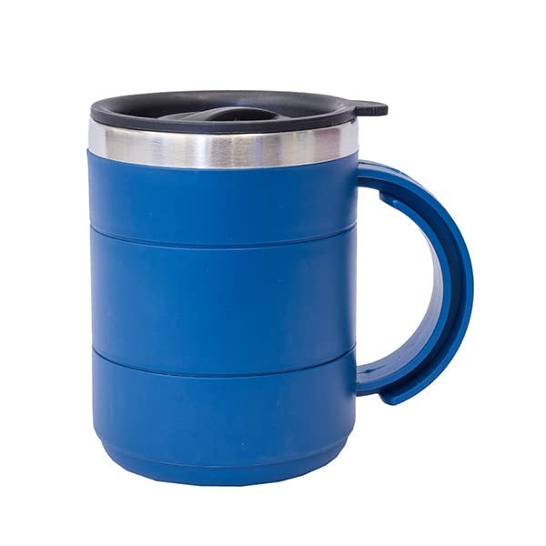 Blue color insulated travel coffee mug with lid on white background