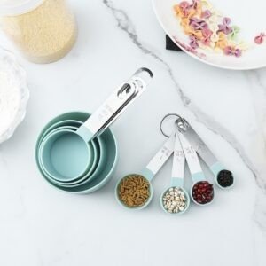 Silicone measuring cup and spoon set on table