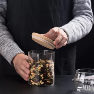 Showing bamboo lid of glass container