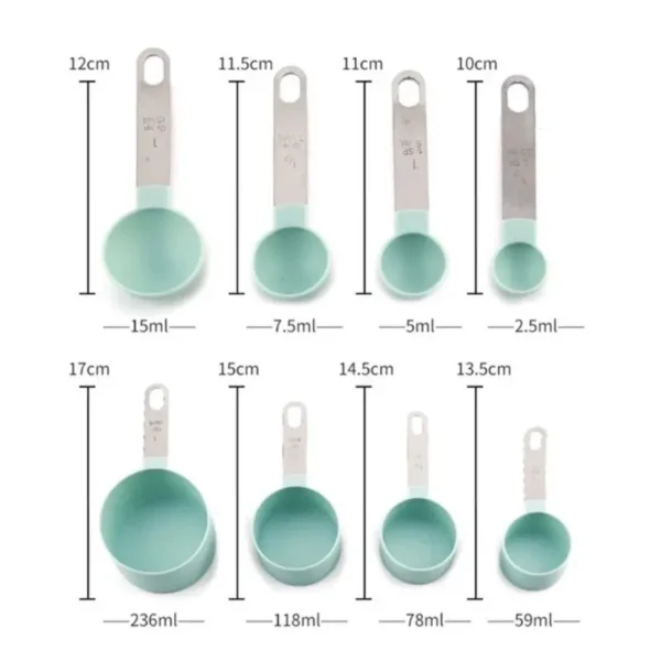 Measurements of silicone measuring cup and spoons on white background