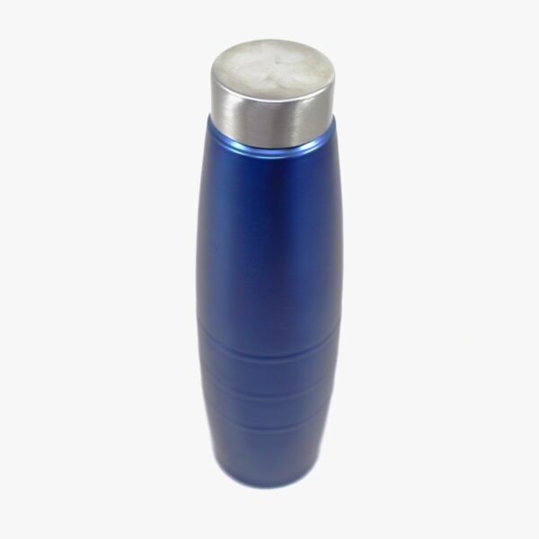 Top view of blue color single wall water bottle on white background