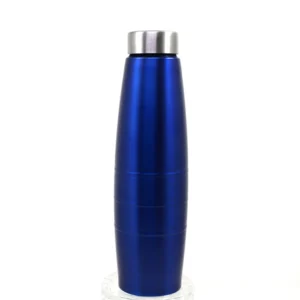 Blue color stainless steel single wall fridge water bottle on white background