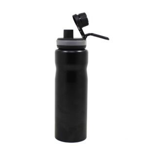 Black color stainless steel single wall sipper bottle with spout lid on white background