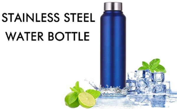 Stainless steel water bottle on decorative background