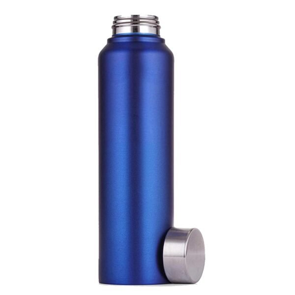 Opened lid blue color fridge water bottle on white background