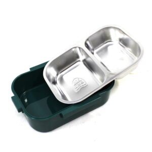 Double layer lunch box inner steel outer plastic cover on white background