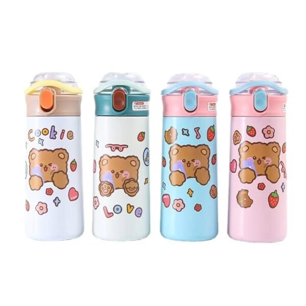 Double wall insulated thermos cup with sticker on white background