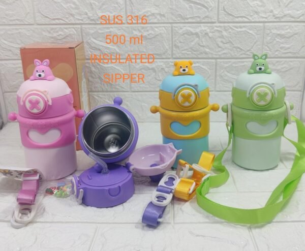 Live image of kids insulated water bottle with available colors on decorative background