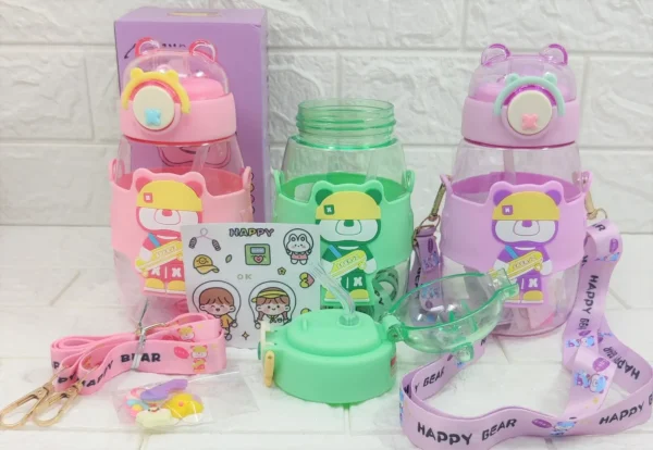 Live image of plastic kids sipper with silicone sleeves showing all available colors and details of the item on white decorative background